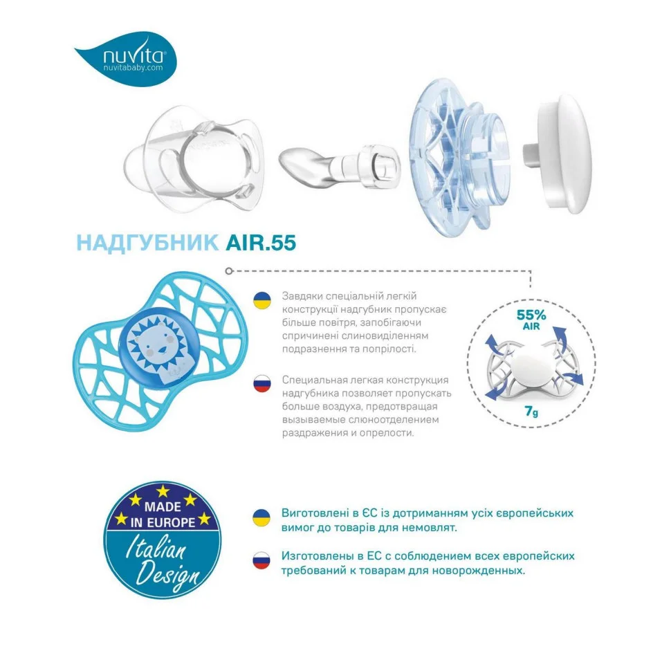 Пустышка Nuvita 7086 Air55 Explorer ортодонтическая 6m+ (кот, панда) 2шт NV7086F