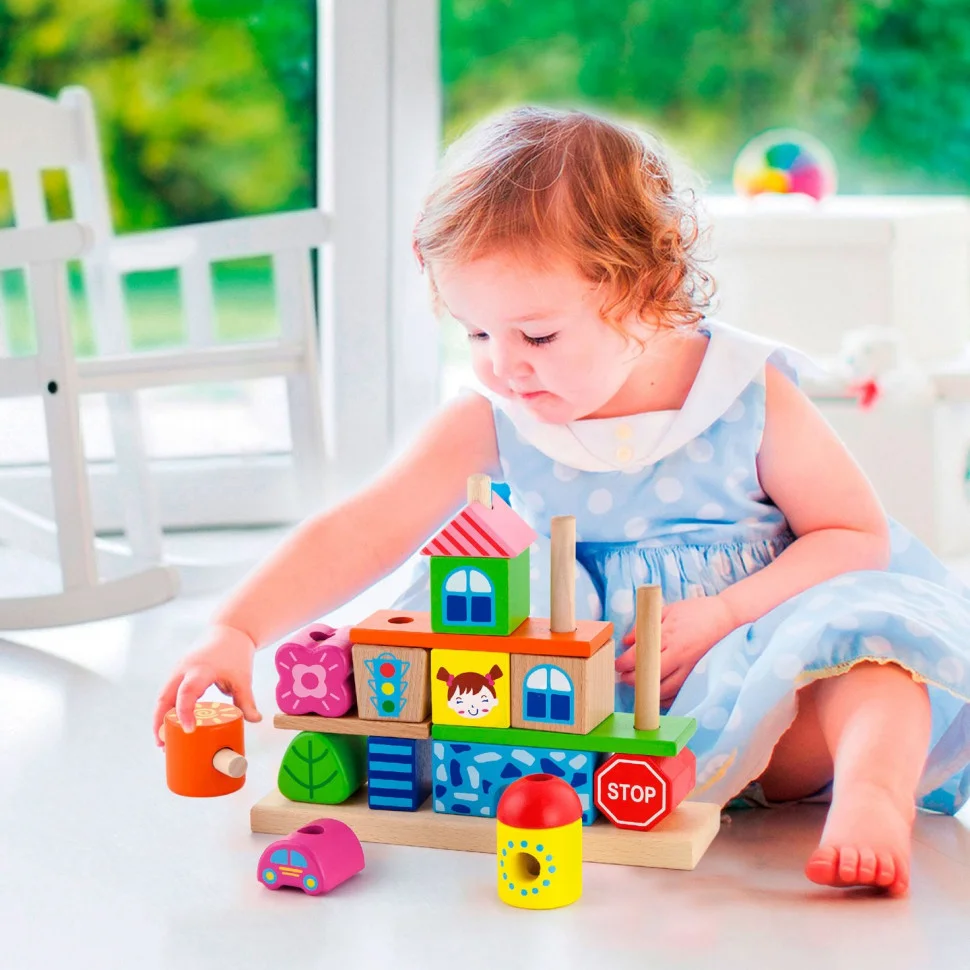 Дерев'яна пірамідка Містечко Viga Toys 50043, 14 блоків