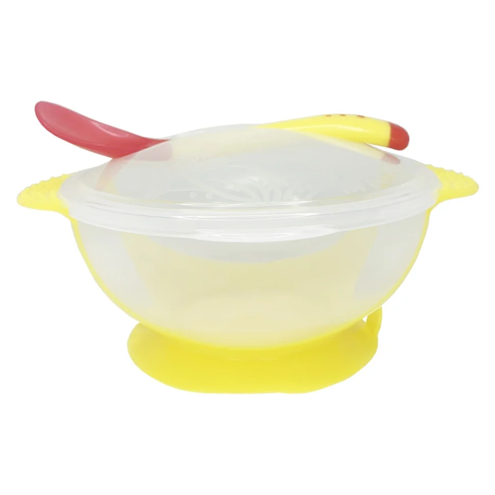 Тарілка на присосці прозора Mega Zayka MGZ-0100(Yellow) з термоложкою та кришкою