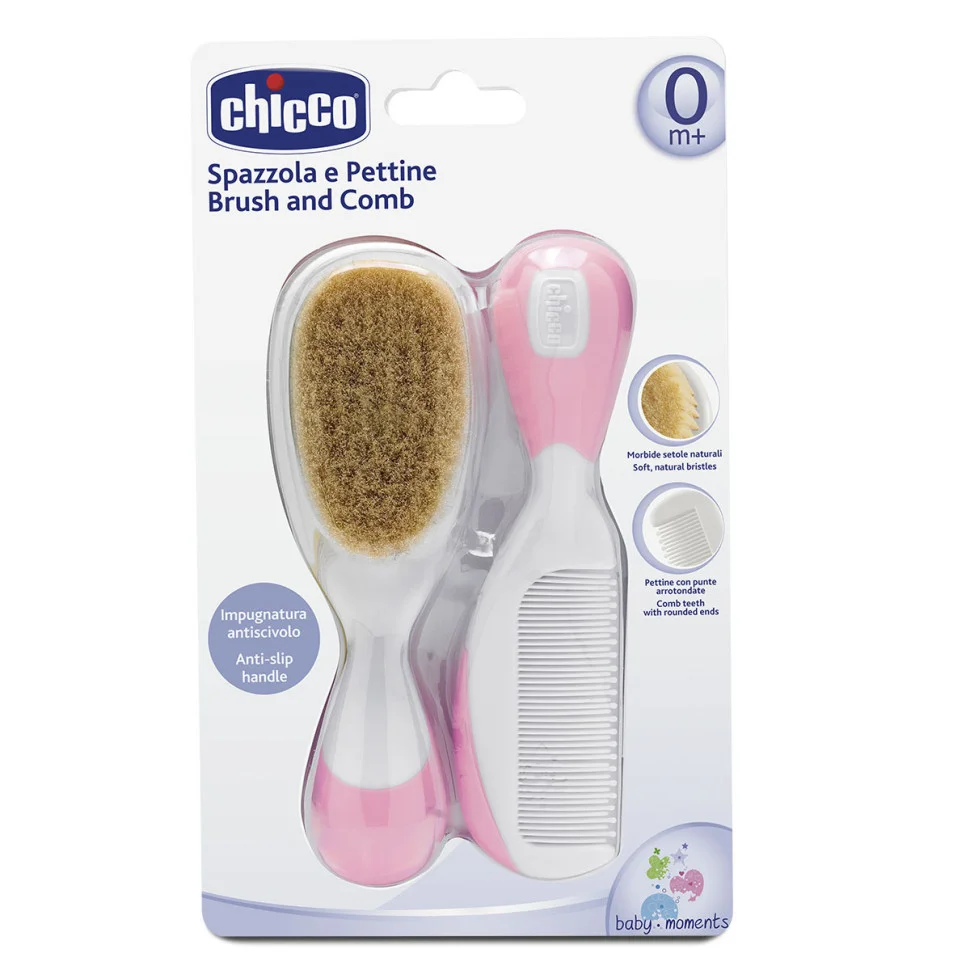 Детский набор щетка натуральная и расческа Chicco 06569.10 розовая