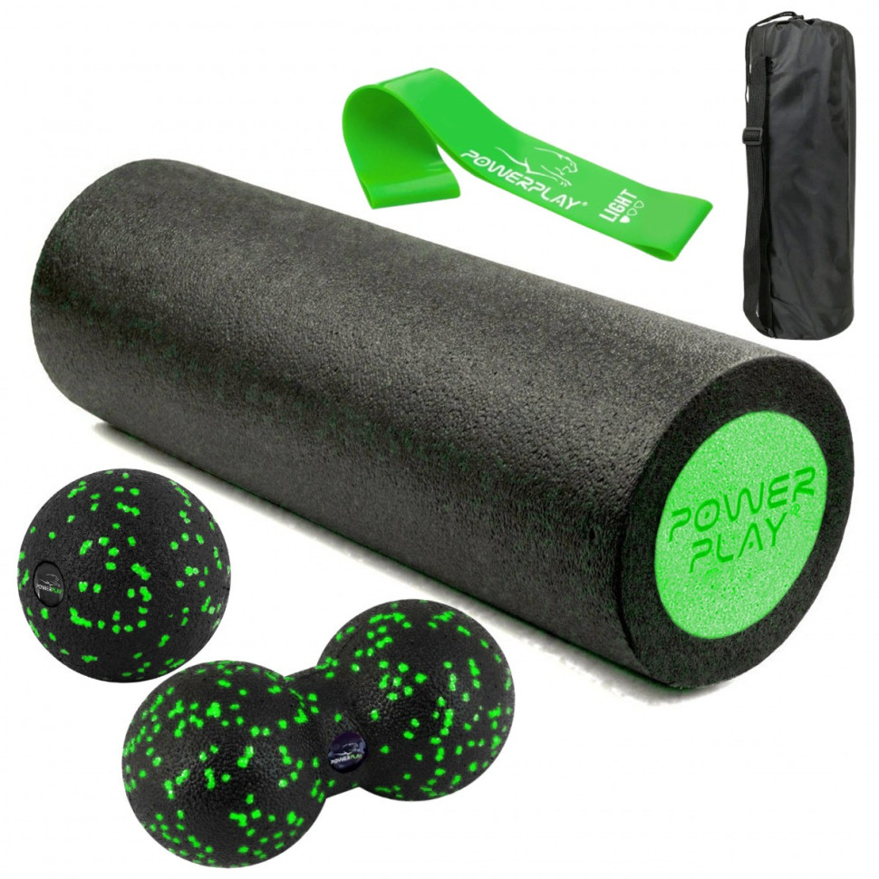 Набор для массажа и йоги PowerPlay PP_4095_Green, ролик 45 х 15 см, два мяча, резинка 5,5 кг