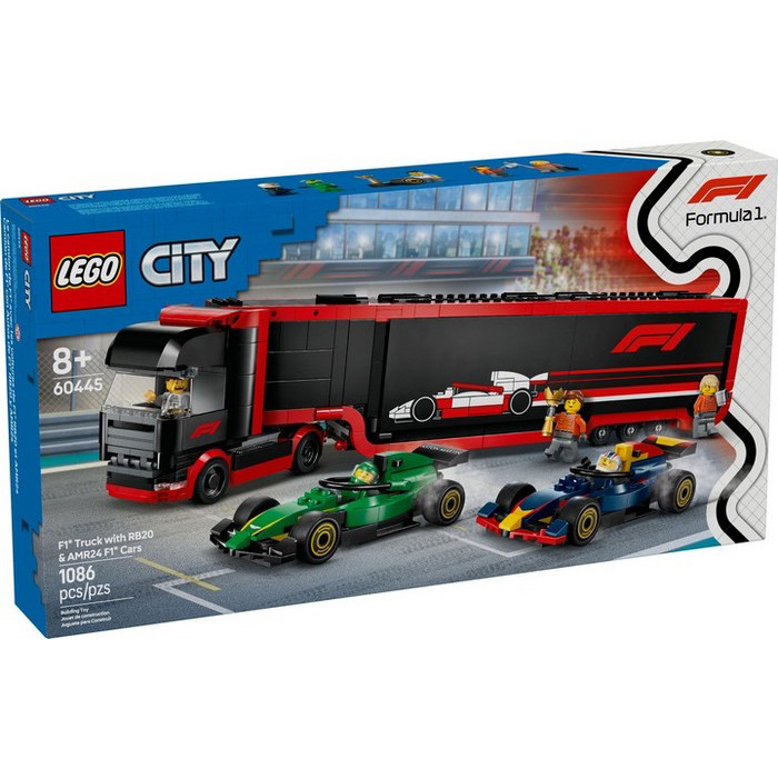 Конструктор City Грузовик F1 с автомобилями RB20 и AMR24 LEGO 60445, 1086 деталей