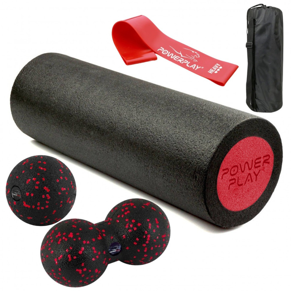 Набір для масажу та йоги PowerPlay PP_4095_Red, ролик 45 х 15 см, два мячі, резинка 11 кг