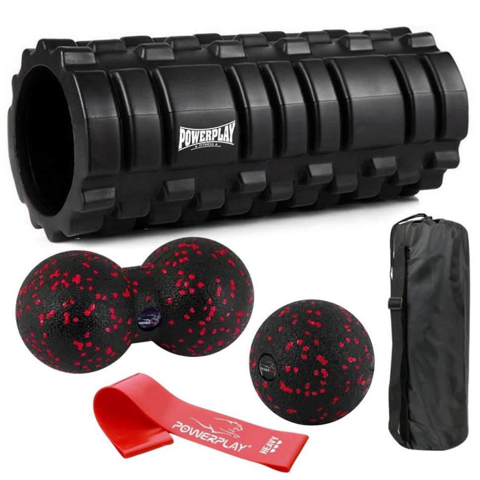 Набір для масажу та йоги PowerPlay PP_4096_Black, ролик 33 х 14 см, два мячі, резинка 11 кг