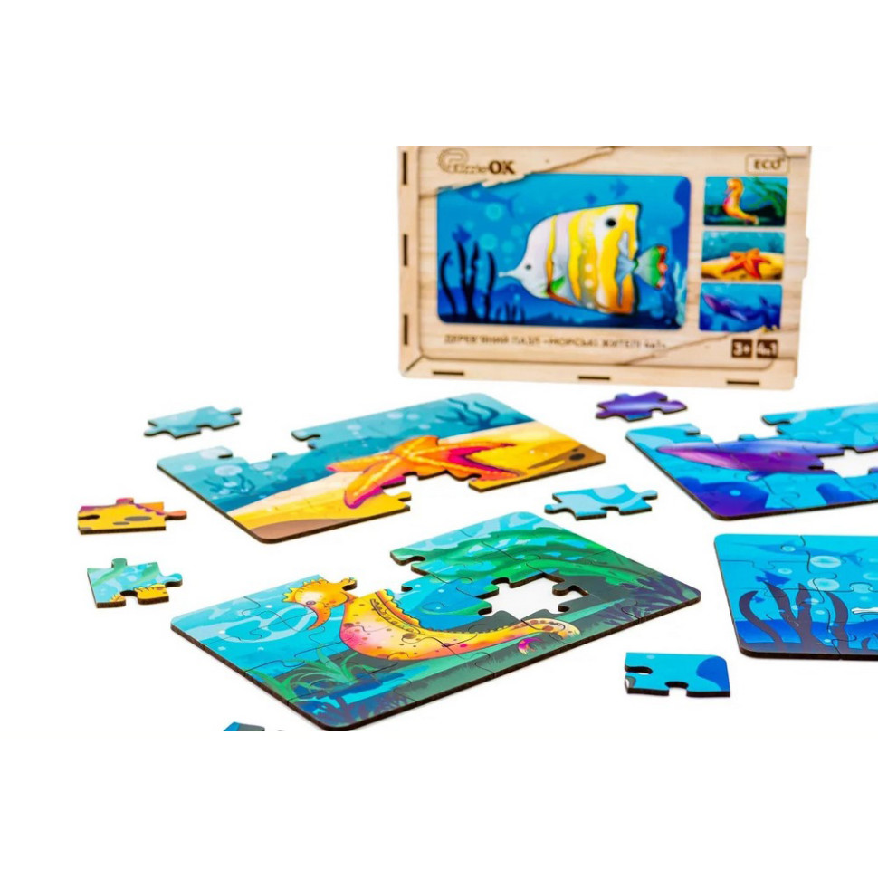 Дитячий дерев'яний пазл Морські жителі 4 в 1 PuzzleOK Puz-57896, 80 елементів