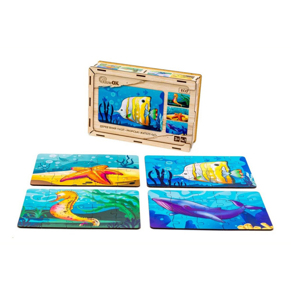 Дитячий дерев'яний пазл Морські жителі 4 в 1 PuzzleOK Puz-57896, 80 елементів