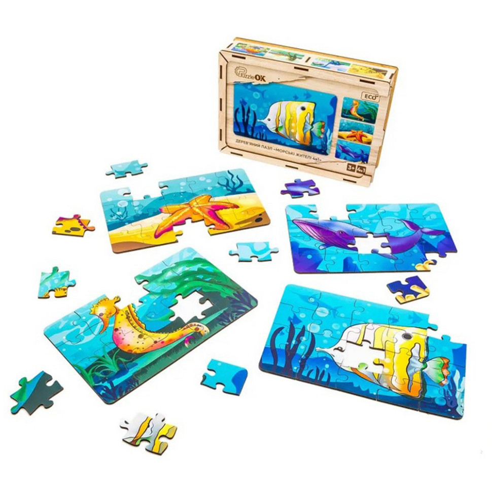 Дитячий дерев'яний пазл Морські жителі 4 в 1 PuzzleOK Puz-57896, 80 елементів