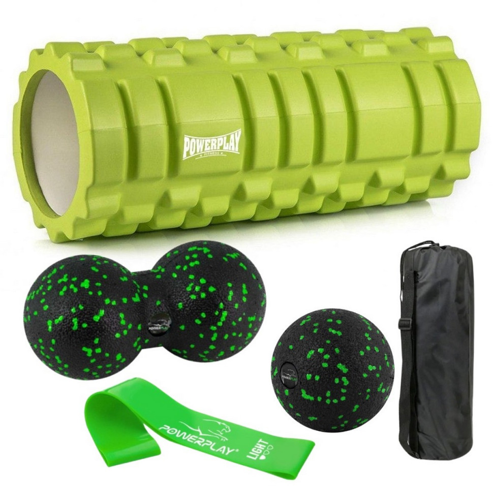 Набір для масажу та йоги PowerPlay PP_4096_Green, ролик 33 х 14 см, два мячі, резинка 5,5 кг