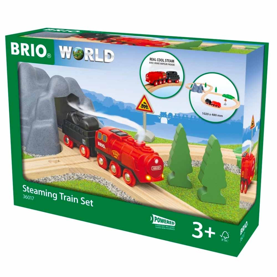 Детская железная дорога с поездом и паром BRIO 36017-BR, дерево, пластик, на батарейках, свет