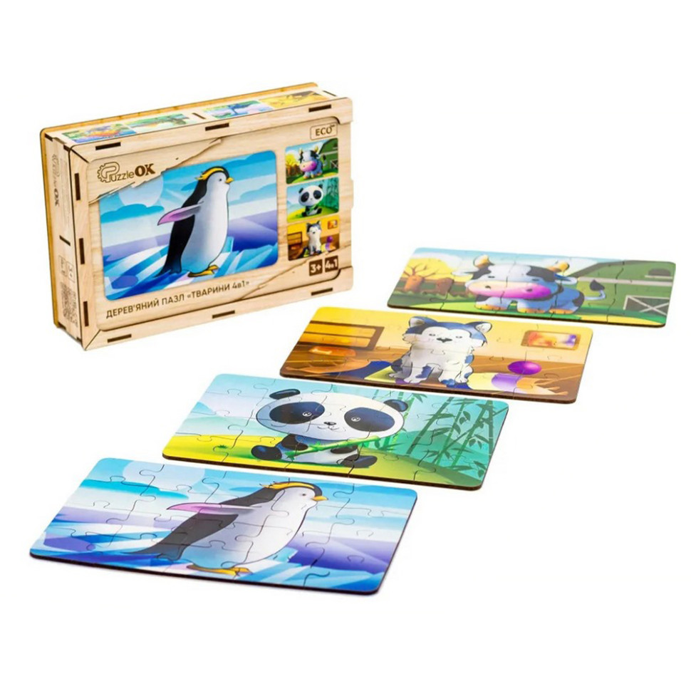Детский деревянный пазл Животные 4 в 1 PuzzleOK Puz-10369, 80 элементов