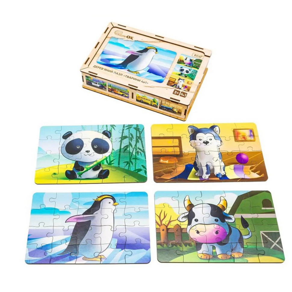 Детский деревянный пазл Животные 4 в 1 PuzzleOK Puz-10369, 80 элементов