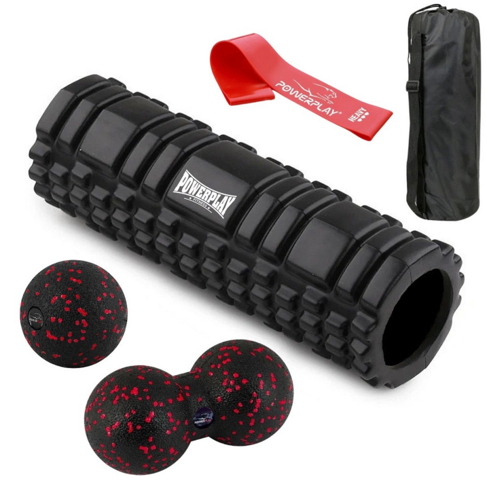 Набір для масажу та йоги PowerPlay PP_4097_Black, ролик 30 х 10 см, два мячі, резинка 11 кг