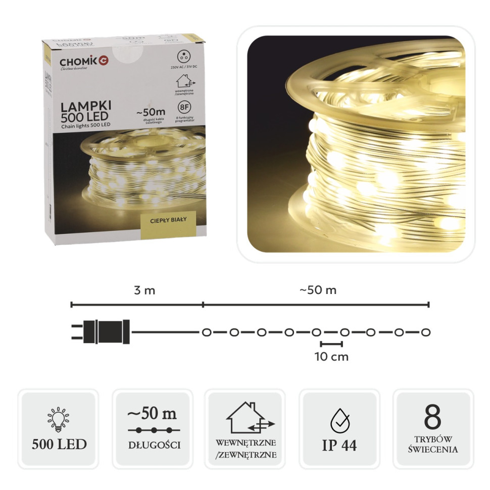 Гірлянда-струна на котушці Chomik 5900779880115 теплий білий 49,9+3 м 500 LED
