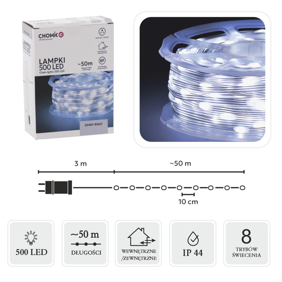 Гірлянда-струна на котушці Chomik 5900779880122 холодний білий 49,9+3 м 500 LED