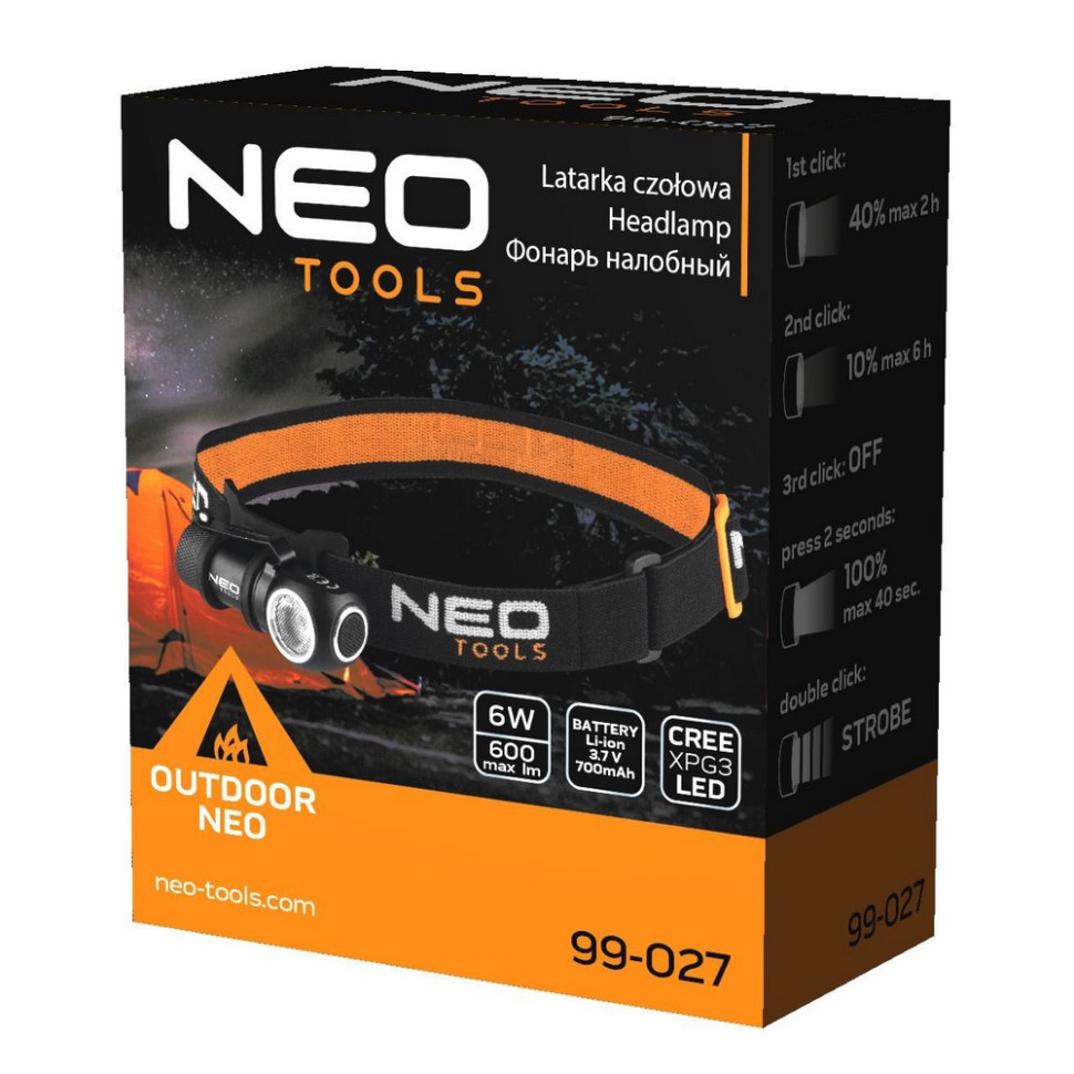 Фонарь налобный аккумуляторный Neo Tool 99-027 черный 600 люмен