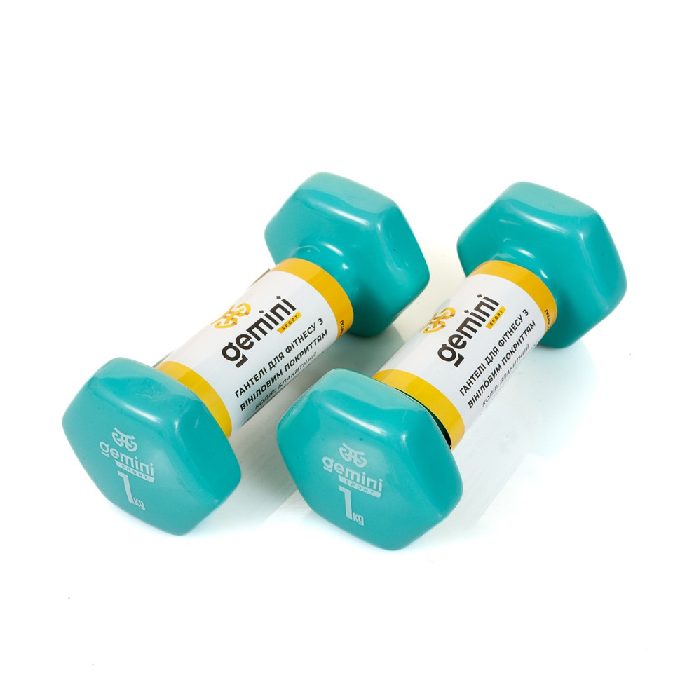 Гантели для фитнеса с виниловым покрытием Gemini Sport GSD-1.0CYAN 2 шт, по 1 кг, голубые