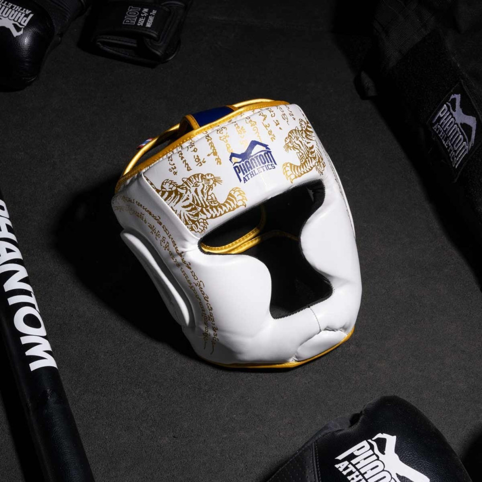 Боксерский шлем Muay Thai Full Face Phantom PHHG2683 White Gold (капа в подарок)