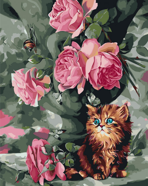 Картина за номерами. Rainbow Art "Кошеня і троянди" GX3574-RA по цене 224 грн.