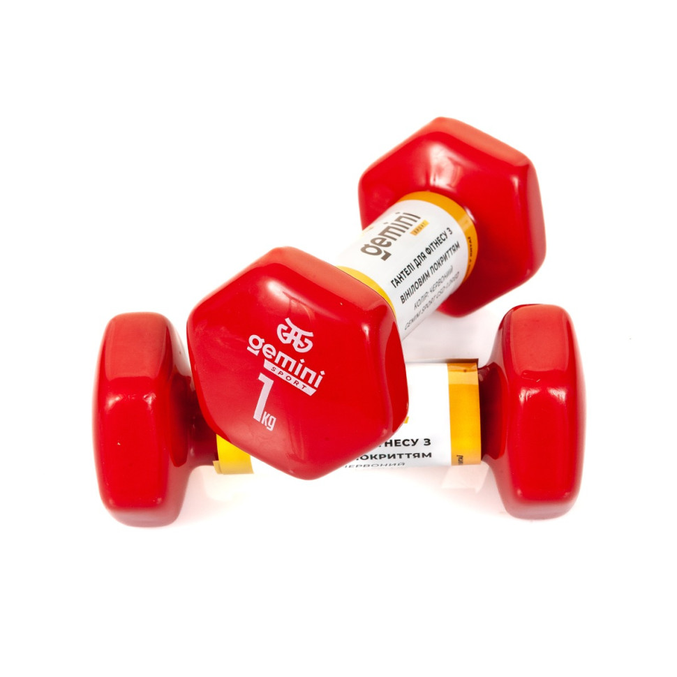 Гантели для фитнеса с виниловым покрытием Gemini Sport GSD-1.0RED 2 шт, по 1 кг, красные