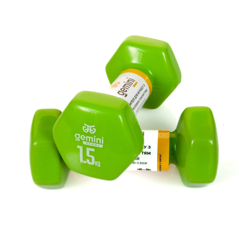 Гантели для фитнеса с виниловым покрытием Gemini Sport GSD-1.5GR 2 шт, по 1.5 кг, зеленые
