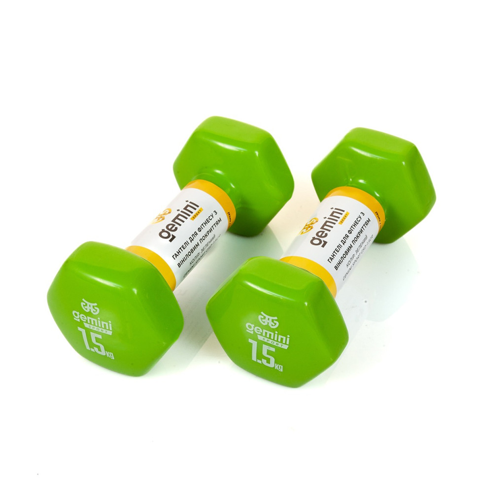 Гантели для фитнеса с виниловым покрытием Gemini Sport GSD-1.5GR 2 шт, по 1.5 кг, зеленые