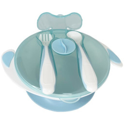 Тарелка на присоске с ложкой и вилкой Mega Zayka MGZ-0109(Light-Blue) 350 мл