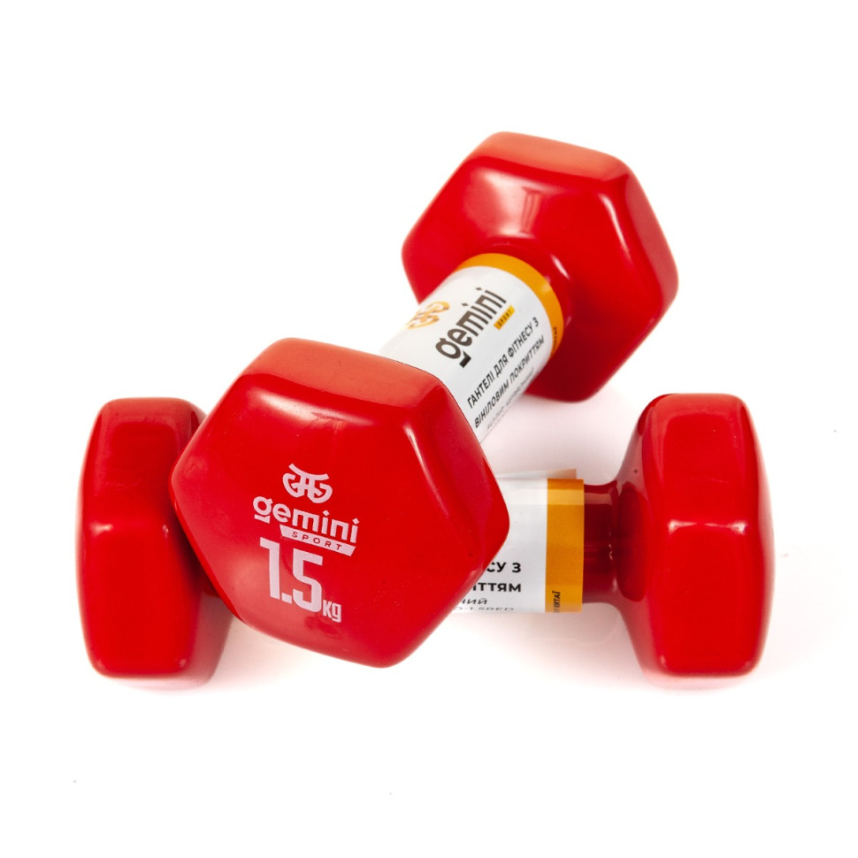 Гантели для фитнеса с виниловым покрытием Gemini Sport GSD-1.5RED 2 шт, по 1.5 кг, красные