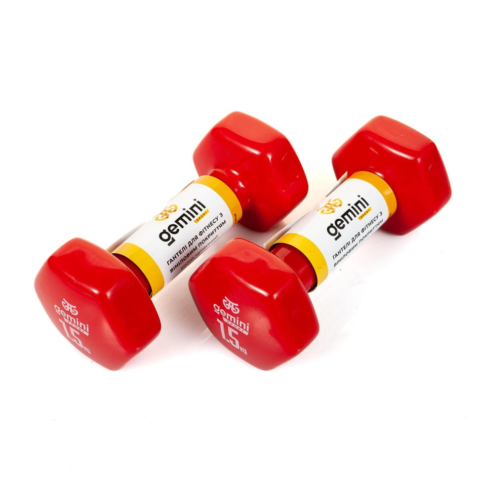 Гантели для фитнеса с виниловым покрытием Gemini Sport GSD-1.5RED 2 шт, по 1.5 кг, красные
