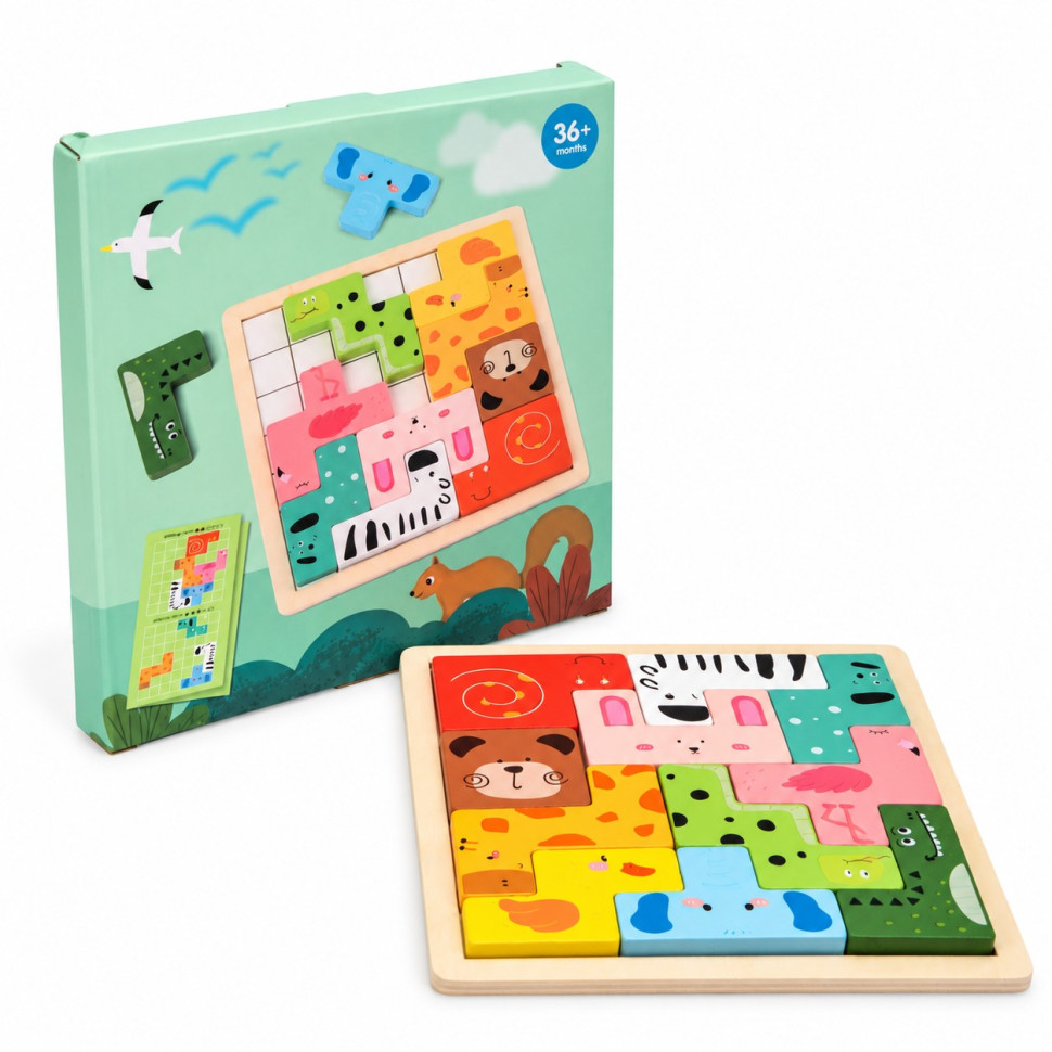 Деревянная логическая игра Animal Tetris Bambi C9405 с заданиями, 11 фигурок животных