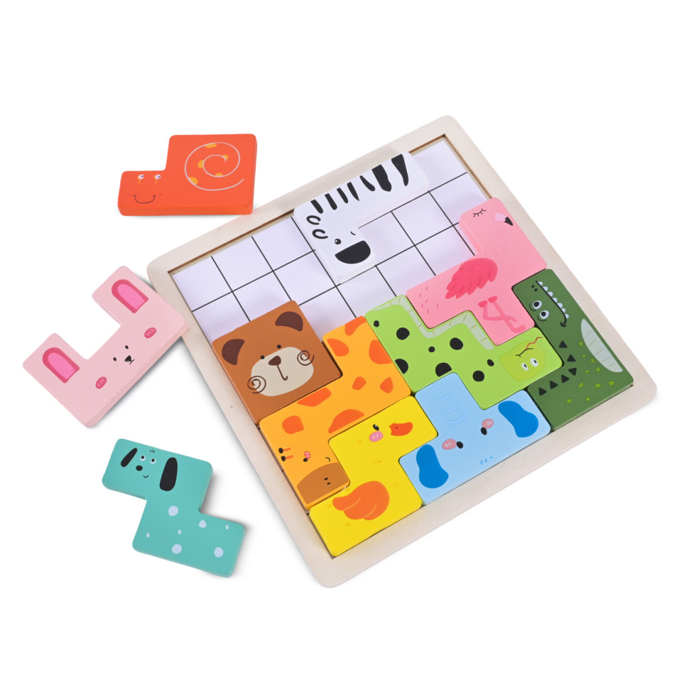 Деревянная логическая игра Animal Tetris Bambi C9405 с заданиями, 11 фигурок животных