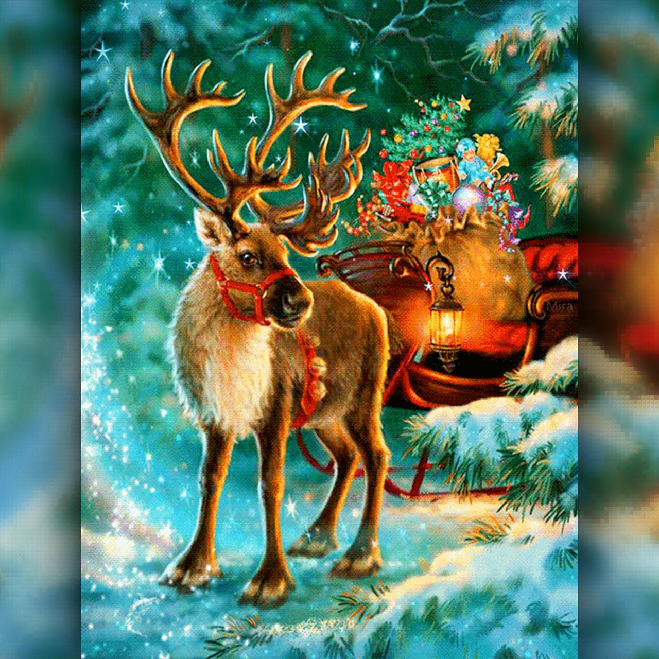 Картина по номерам для детей 15х15/Раскраска Дед Мороз/Новогодний олень/Подарок зимой на Новый год