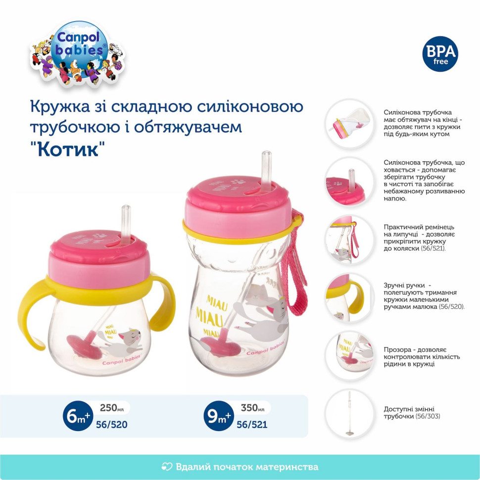 Детская кружка с силиконовой трубочкой и утяжелителем Котик Canpol babies 56/521, 350 мл
