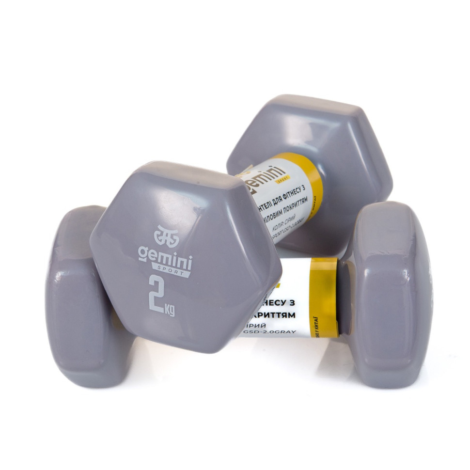 Гантели для фитнеса с виниловым покрытием Gemini Sport GSD-2.0GRAY 2 шт, по 2 кг, серые
