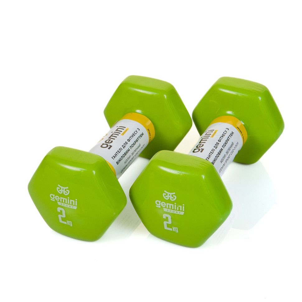 Гантели для фитнеса с виниловым покрытием Gemini Sport GSD-2.0GR 2 шт, по 2 кг, зеленые
