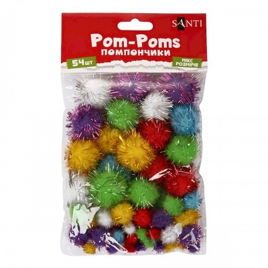 Декоративні помпони з люрексом для творчості Santi 955438 d-8 мм, 15 мм, 25 мм, 54 шт