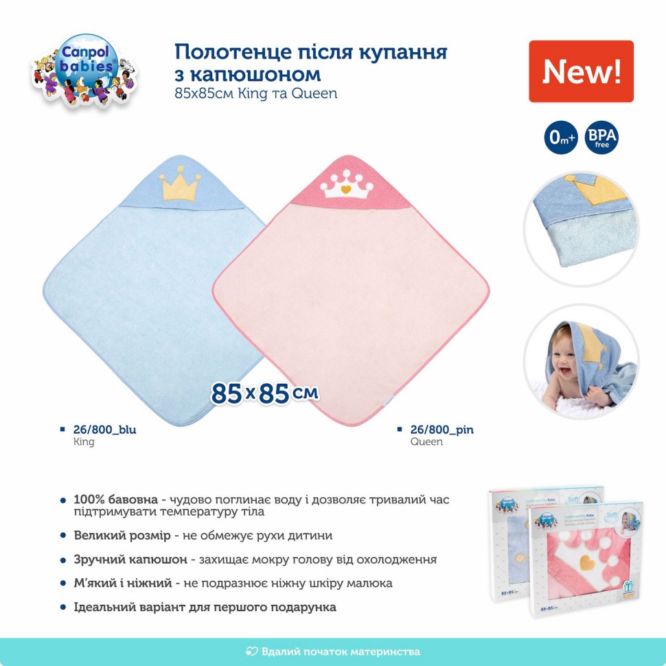 Детское полотенце после купания King Canpol babies 26/800_blu с капюшоном  85x85 см