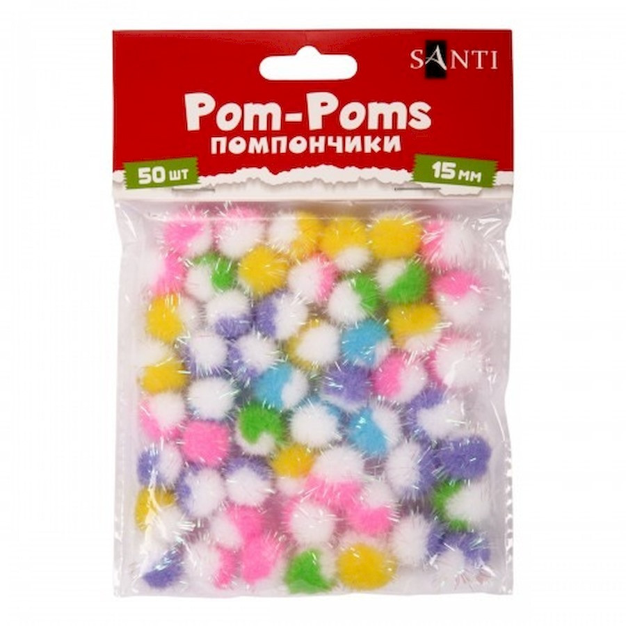 Декоративные помпоны с голографическим люрексом Santi 955445 двухцветные, микс 5 цветов, d-15 мм, 50 шт