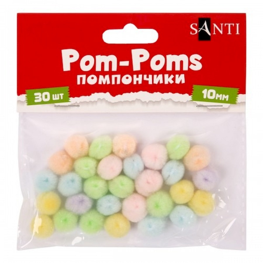 Декоративні помпони для творчості Santi 955452 пастельні кольори, акрил, d-10 мм, 30 шт