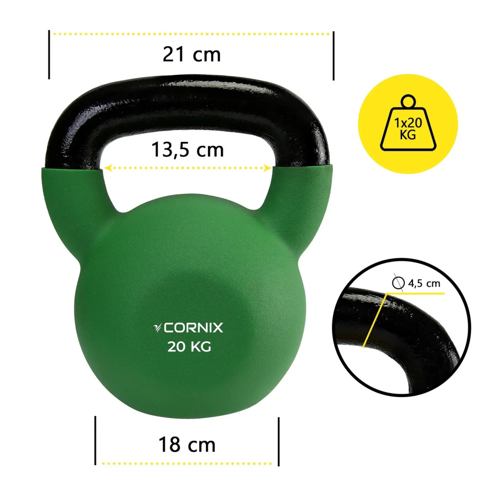 Гиря металлическая Cornix XR-0439 с виниловым покрытием 20 кг, зеленый/черный