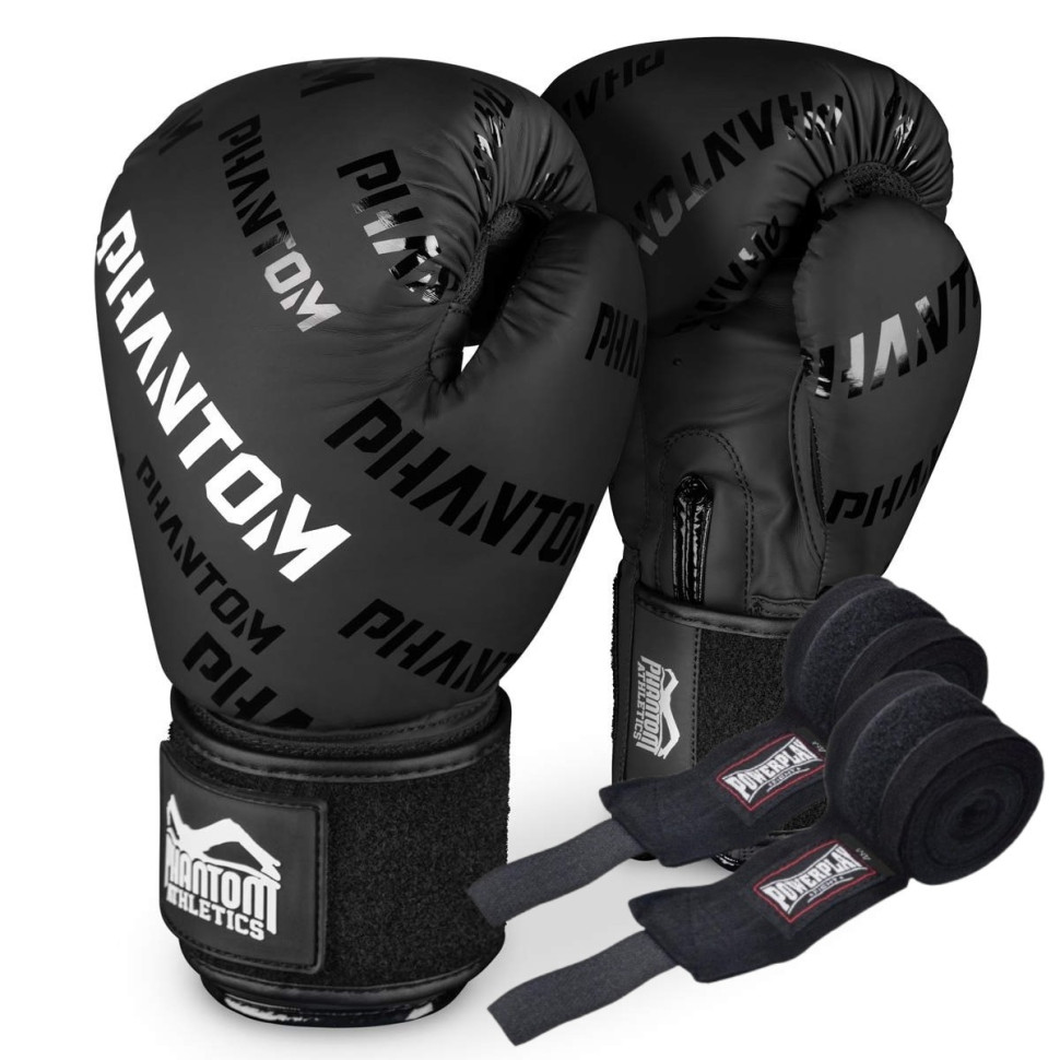 Боксерские перчатки APEX Velcro Phantom PHBG2368-12 Black 12 унций (Бинты в подарок)
