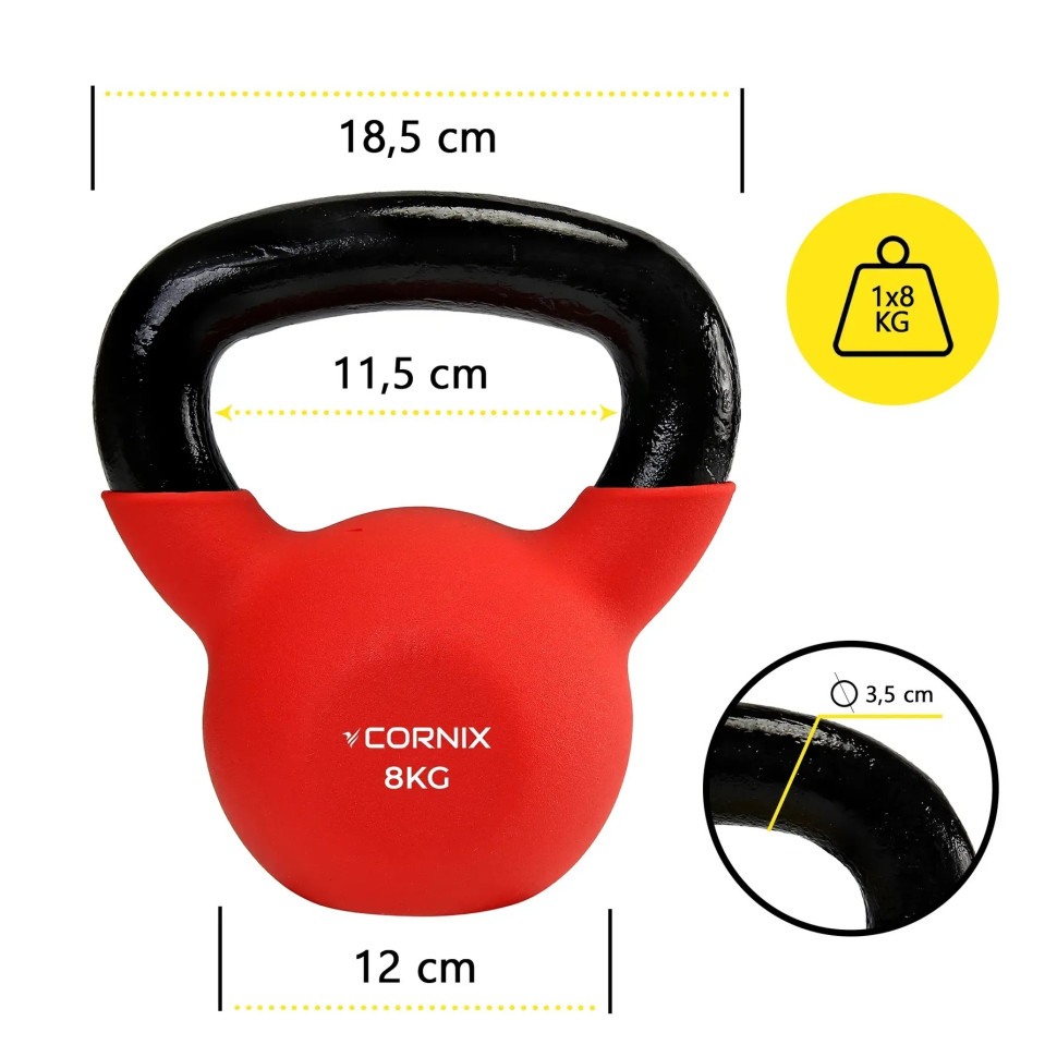 Гиря металлическая Cornix XR-0436 с виниловым покрытием 8 кг, красный/черный