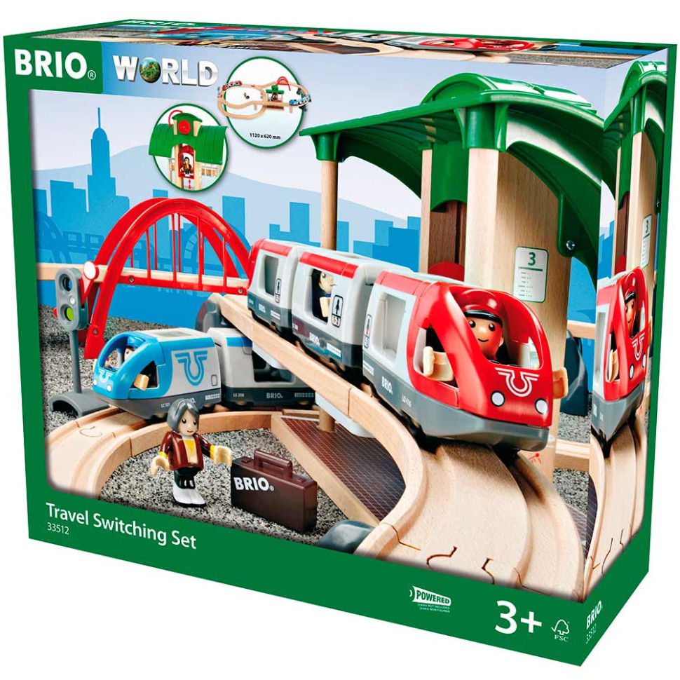 Детская железная дорога двухуровневая с вокзалом BRIO 33512-BR, дерево, пластик 42 элемента в комплекте, на батарейках