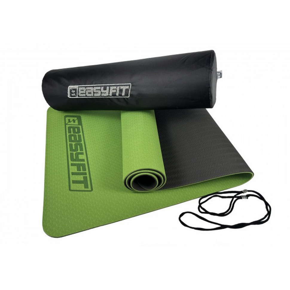 Коврик для йоги и фитнеса EasyFit EF-1924E-GNBK, TPE+TC 6 мм, двухслойный + Чехол зеленый с черным