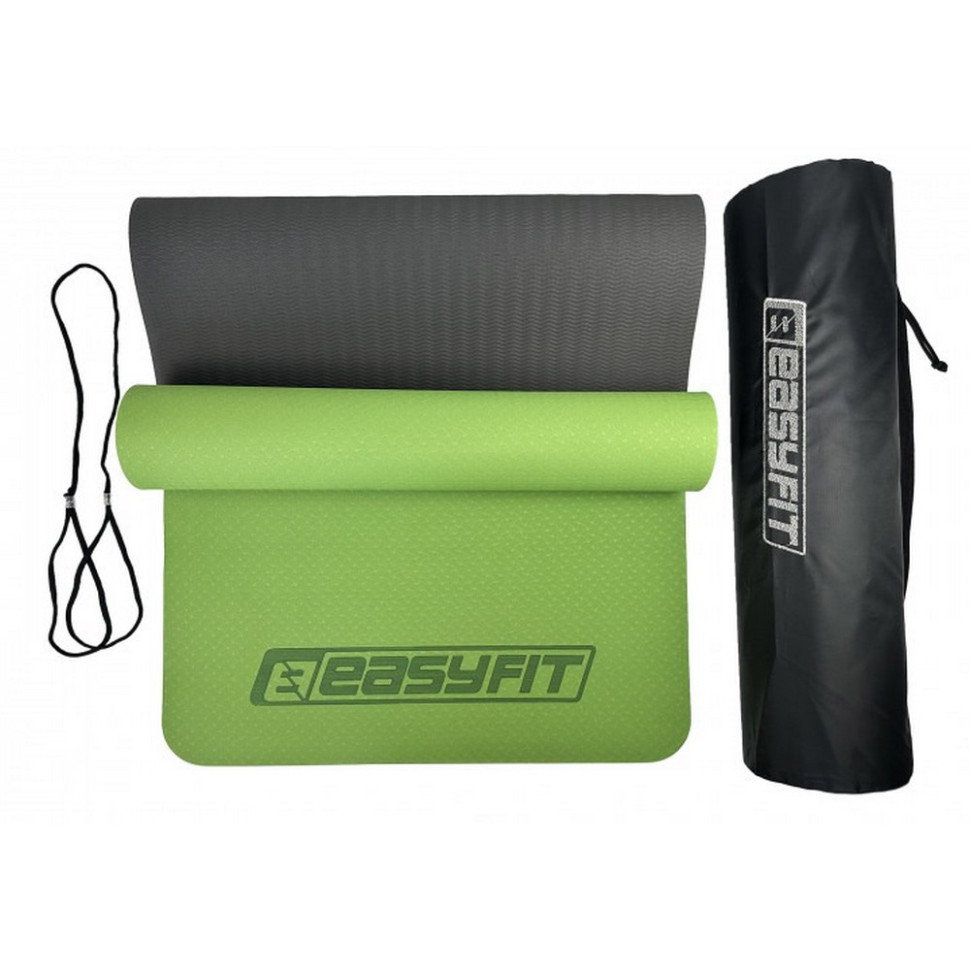 Коврик для йоги и фитнеса EasyFit EF-1924E-GNBK, TPE+TC 6 мм, двухслойный + Чехол зеленый с черным