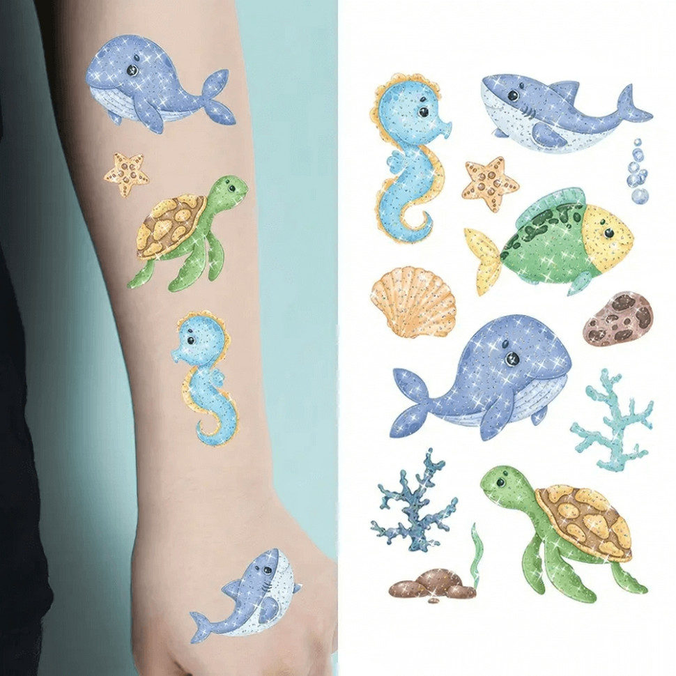 Набір дитячих блискучих тимчасових тату «Морські тварини» Fresh Tattoo kids-tatto-see-set10