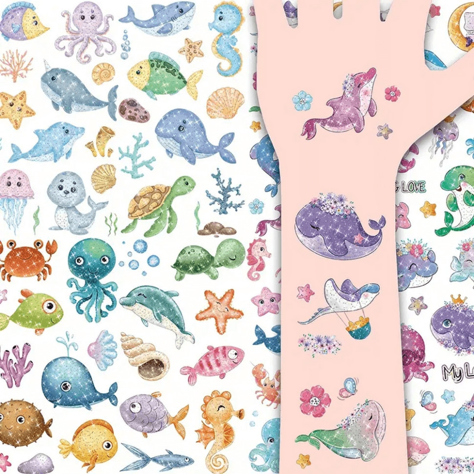 Набір дитячих блискучих тимчасових тату «Морські тварини» Fresh Tattoo kids-tatto-see-set10