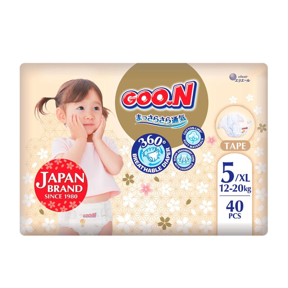 Підгузки для дітей GOO.N Premium Soft F1010101-150, 12-20 кг (розмір 5(XL) на липучках, унісекс 40 шт)