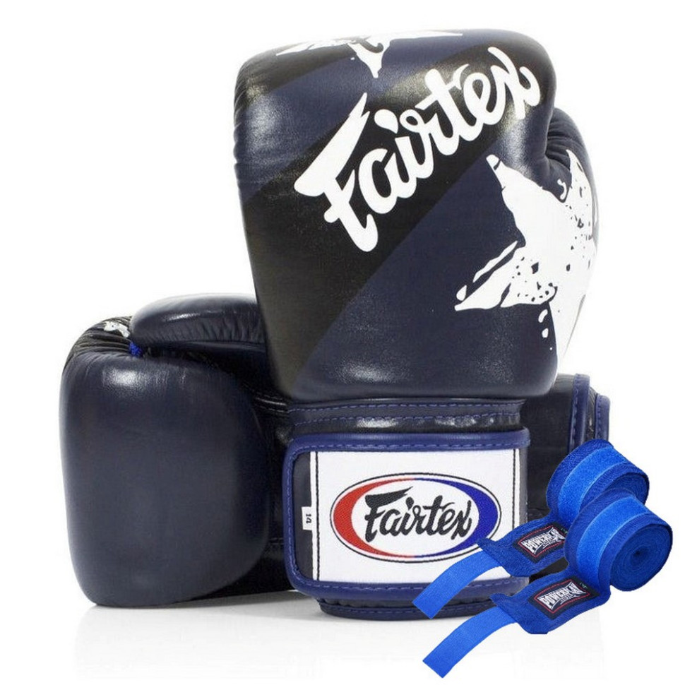 Боксерские перчатки BGV1 Nation Print Fairtex BGV1_Print_10oz_Blue 10 унций (бинты в комплекте)
