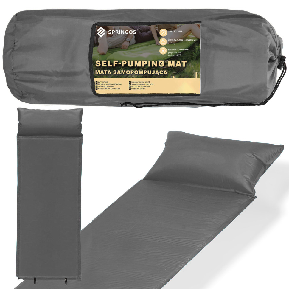 Коврик самонадувающийся с подушкой Springos PM035 до 110 кг 186x53x2,5 см