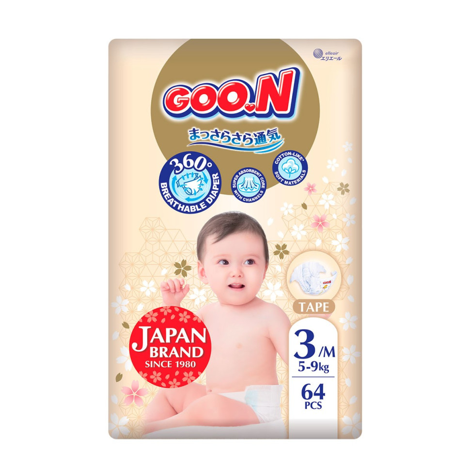 Підгузки для дітей GOO.N Premium Soft F1010101-154, 5-9 кг (розмір 3(M) на липучках, унісекс 64 шт)